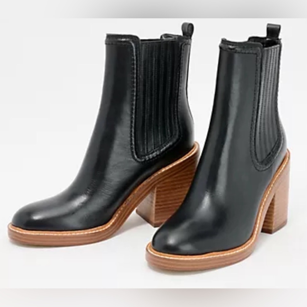 Mark Fisher LTD Black Leather Halda Heel Boots Women Size 9 Block Fall Booties